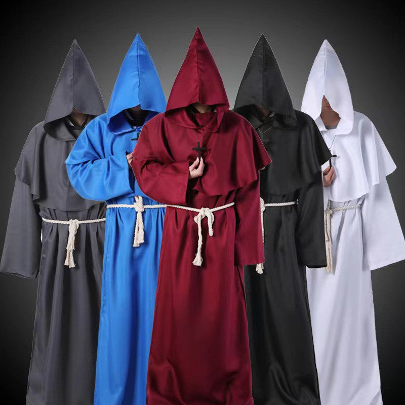 Medieval Monk Cosplay Wizard Hooded Robe Steampunk Priest Horror Cloak For Men Unisex Mask Hat Costume Halloween Masquerade Cape