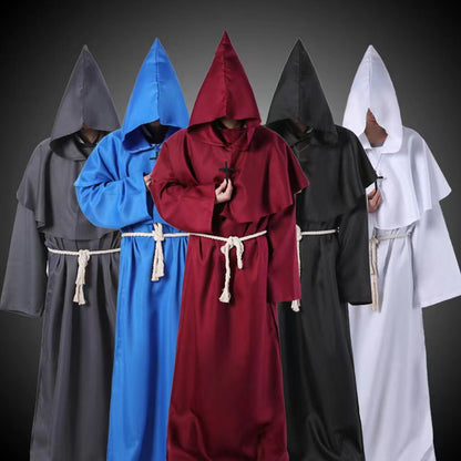 Medieval Monk Cosplay Wizard Hooded Robe Steampunk Priest Horror Cloak For Men Unisex Mask Hat Costume Halloween Masquerade Cape