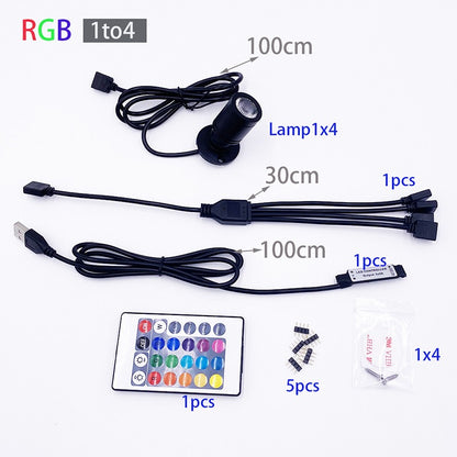 RGB Led Spotlight USB 5V Dimmable Colour Mini Ceiling Spot 1W 3W Showcase Pattern Showcase Light Room Decor 1 to 4 Remote Set