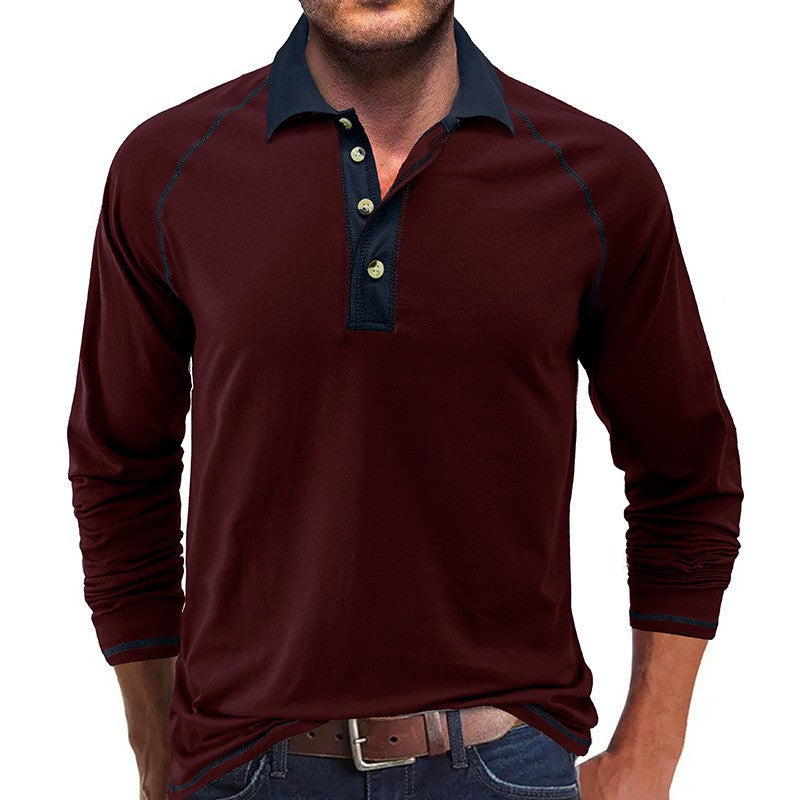 American Men's Autumn Long Sleeve Lapel Henley T-shirt POLO Basic Shirt  Mens Tops