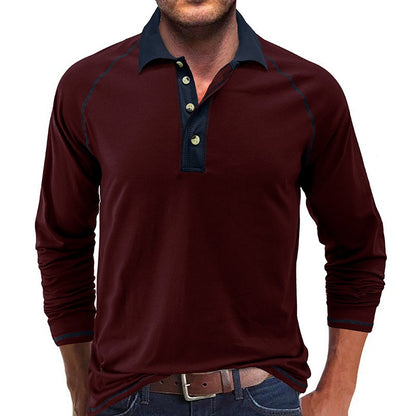 American Men's Autumn Long Sleeve Lapel Henley T-shirt POLO Basic Shirt  Mens Tops