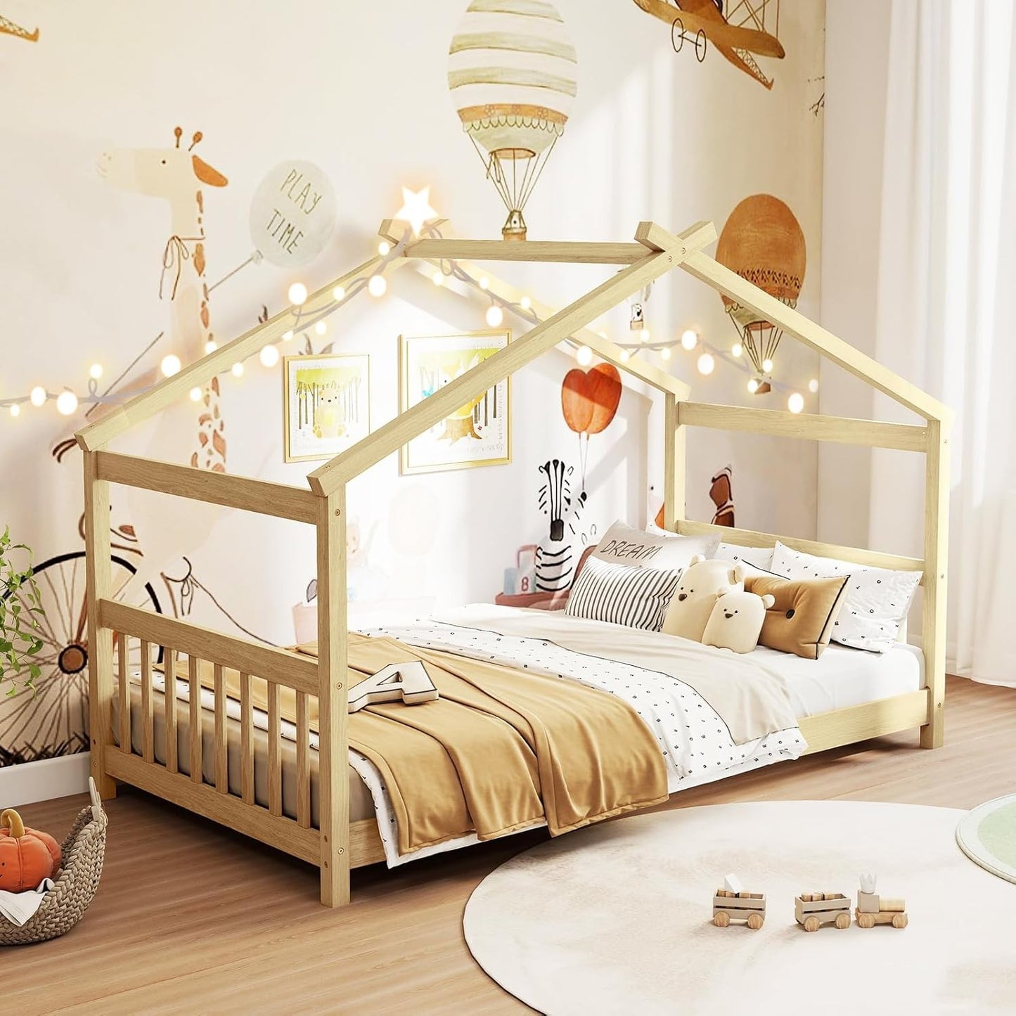 Cama de chão "Twin" com cabeceira e peseira, estrutura de cama de madeira com telhado para meninos e meninas, sem necessidade de box spring,