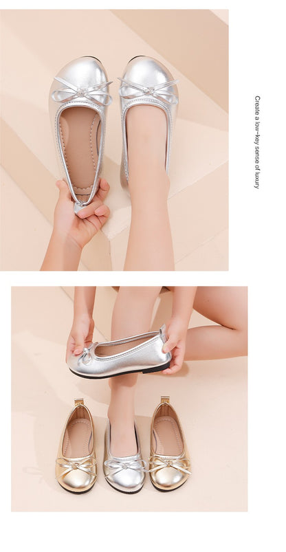 Elegant Girls Shoes Metal Colored Princess Casual Flats Soft Mary Jane Shoe Children Gold Silver Classic Ballet Flats Shoe 26-37