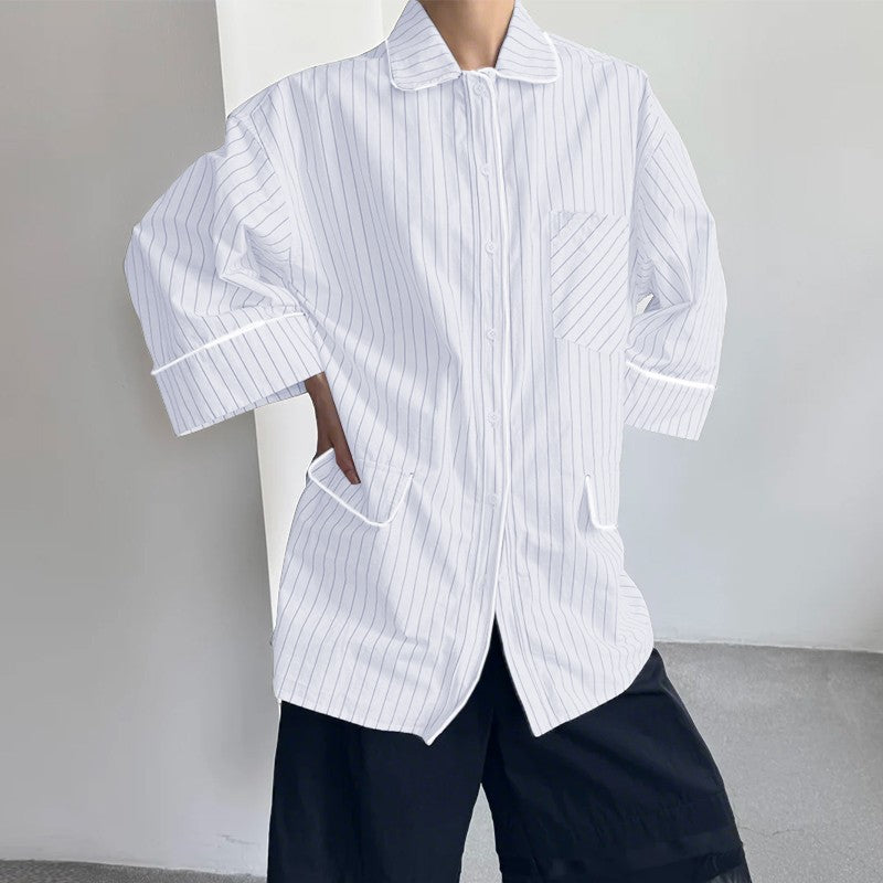 INCERUN Men Striped Shirt Lapel 3/4 Sleeve Oversize Casual Men Clothing Streetwear Korean Style Loose Fashion Tops Male Shirts