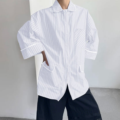 INCERUN Men Striped Shirt Lapel 3/4 Sleeve Oversize Casual Men Clothing Streetwear Korean Style Loose Fashion Tops Male Shirts