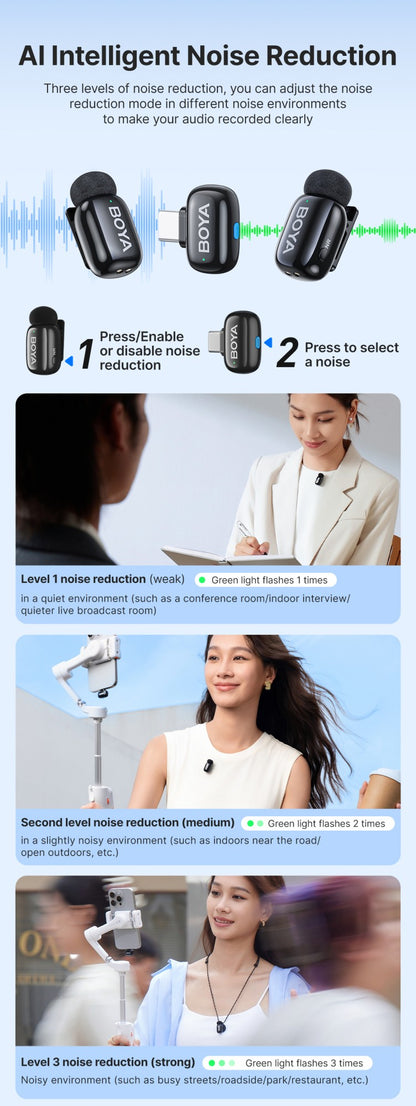 BOYA BOYA Mini Microfone de Lapela Sem Fio para iPhone 15/16 Android Celular Dispositivos USB-C para Gravação de Vídeo Transmissão ao Vivo Vlog