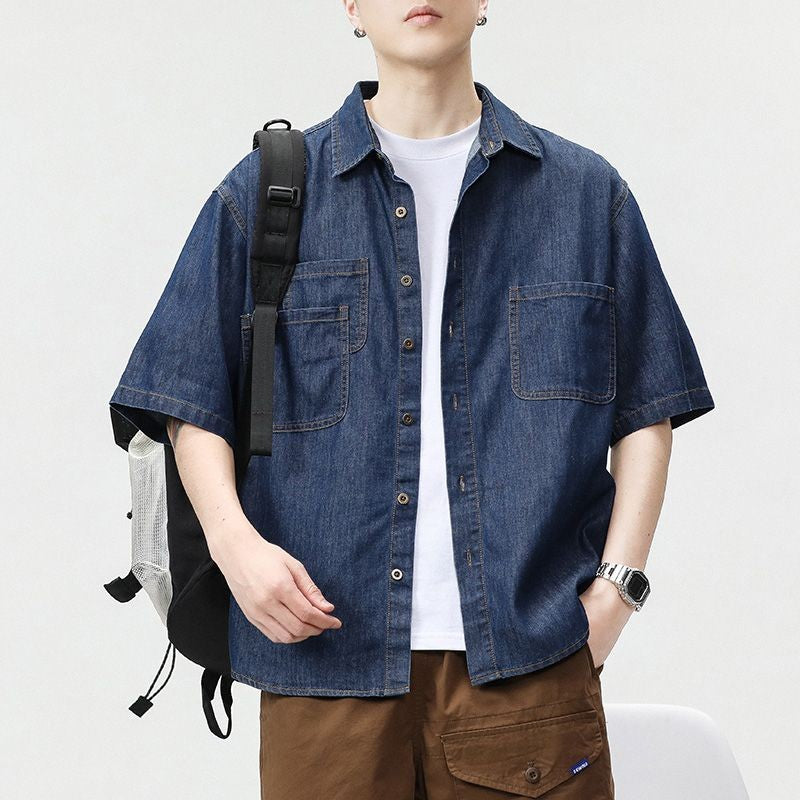 2025 Summer New Men's Casual Loose Shirt Polo Neck Short Sleeve Single Breasted Shirts Men's Vintage Solid Cargo Jeans  Tops