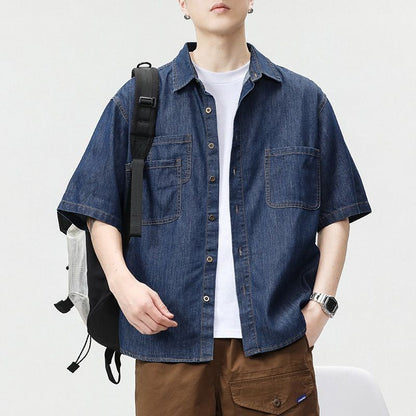 2025 Summer New Men's Casual Loose Shirt Polo Neck Short Sleeve Single Breasted Shirts Men's Vintage Solid Cargo Jeans  Tops