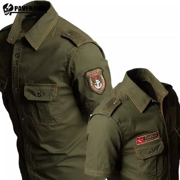 Summer Cotton Tactical Cargo Shirt Mens Multi Pocket Badge Embroidered Combats Tops Casual Breathable Tooling Chemise Homme