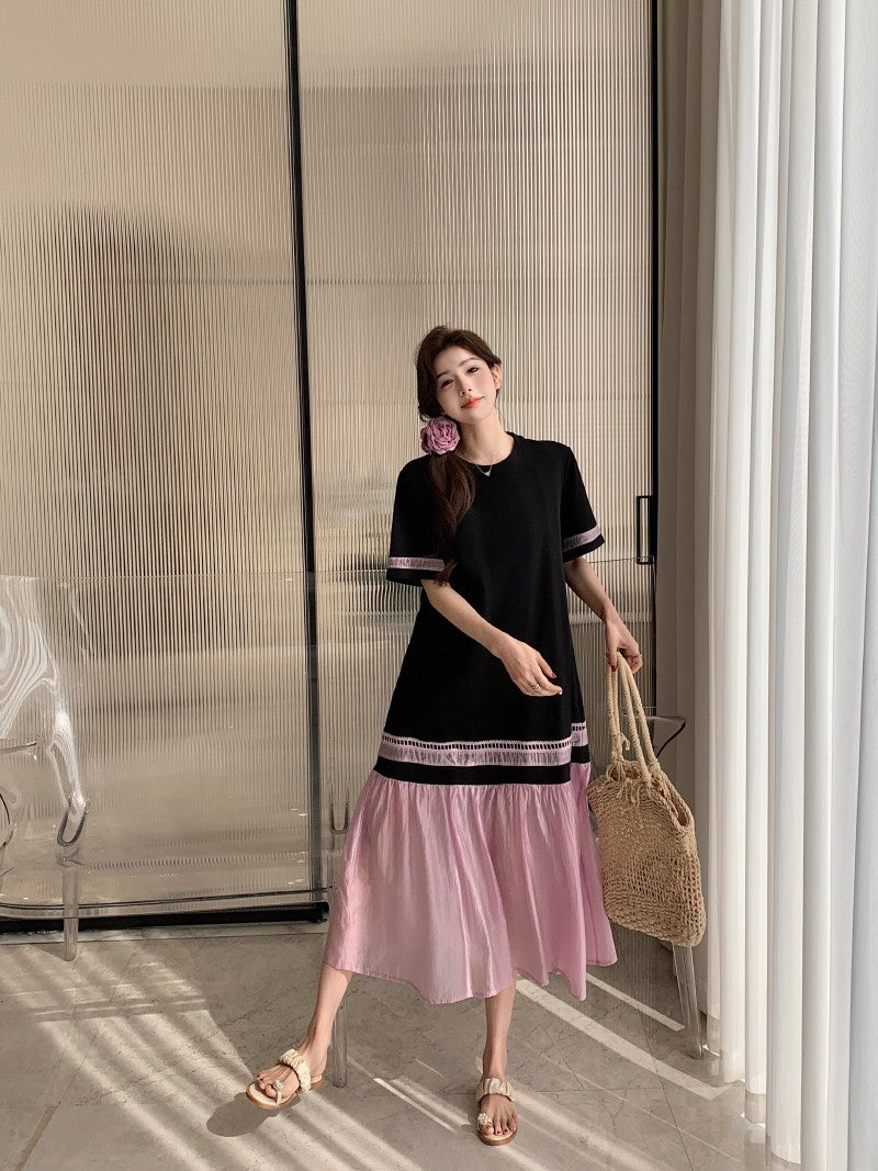 NYFS 2025 Summer Dress Loose plus Size Black Patchwork Pink Hem Long Dresses Robe Elbise Short Sleeve Korean Style Woman Dress