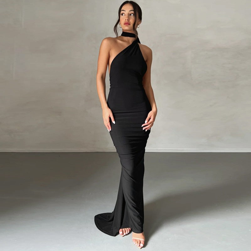 Hugcitar One Shoulder Backless Adjustable Scarf Loop Ruched Sexy Maxi Dress Wome