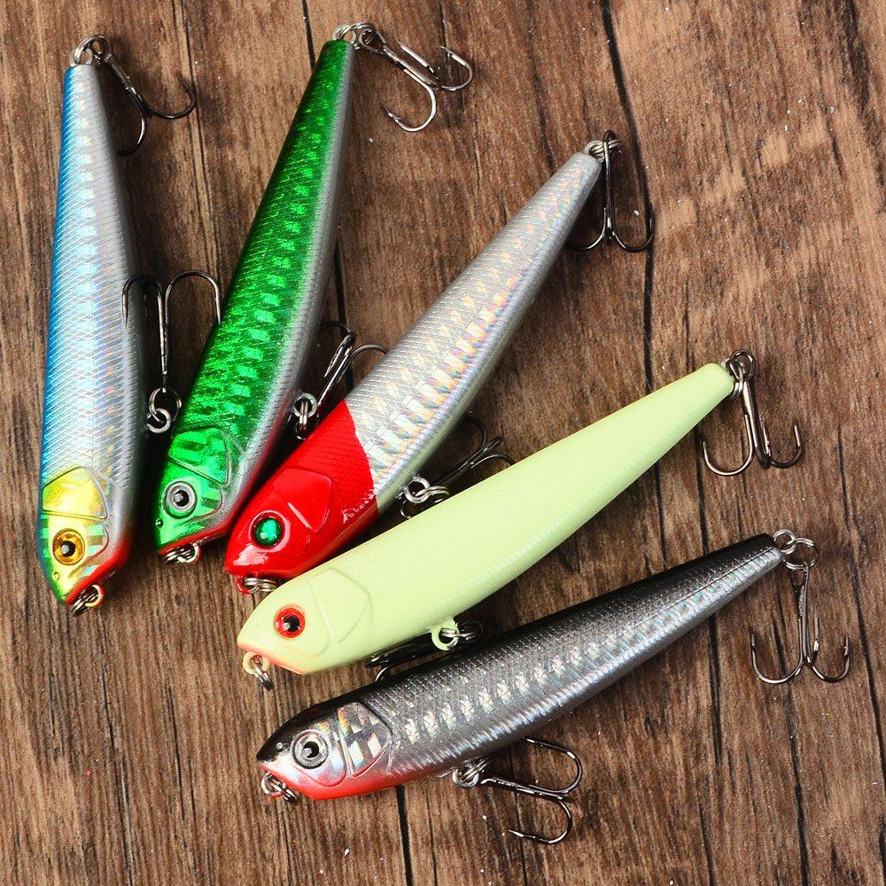 5 unidades de isca flutuante tipo lápis, isca de superfície 3D, isca artificial com anzol, equipamento de pesca Wobbler Cranbait