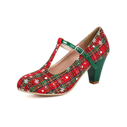 Snowflake Striped Printed Fabric Christmas New Year High Heels Women's Shoes Tapered Thick Heel T-Shaped Strap Buckle Pumps