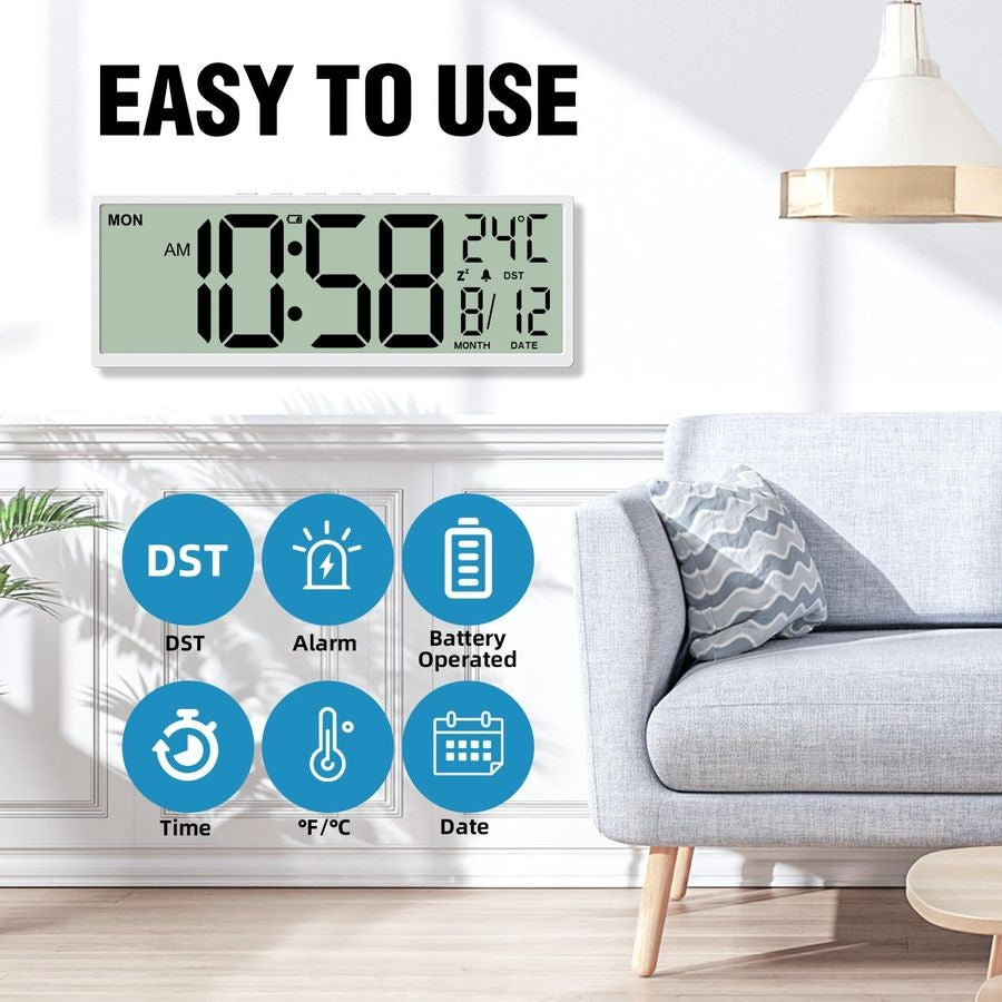 14.5 Digital Wall Clock Battery Operated with Big Digits LCD Screen Display, Large Display Timer with Temperature Date Week Auto