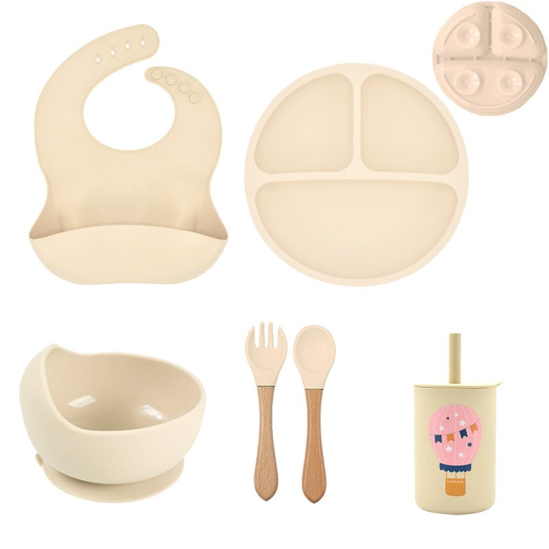 5P Baby Silicone Tableware Set Lid Divided Plate With Suction Bowls Straw Cup Wood Spoon Fork for Toddler Feeding Training Plate