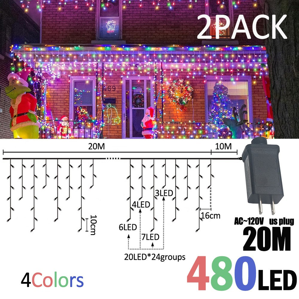LED Christmas Icicle Curtain String Lights 20M+10M 480LED Extens 8Modes, Plug in Waterproof for Wedding Party Home Garden
