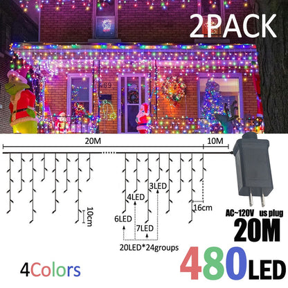 LED Christmas Icicle Curtain String Lights 20M+10M 480LED Extens 8Modes, Plug in Waterproof for Wedding Party Home Garden