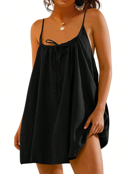 Fisoew Women Summer Sleeveless Mini Dress Tie Back Casual Loose Sexy Trendy Swimsuit Coverup
