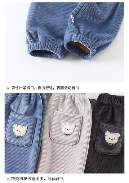 1pcs Boy Girl Winter Velvet Corduroy Kids Pants Little Bear Cartoon Mid Waist Warm Pantalones Baggy Thick Plush Children Trouser