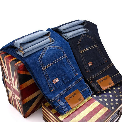 Autumn Classic Men's Fitted Stretch Jeans Business Casual Cotton Denim Straight Leg Pants Male Black Blue Trousers