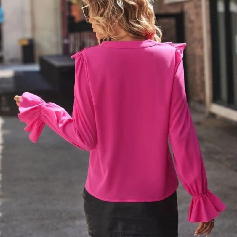 Spring Autumn Fashionable Shirts Solid Color Casual Loose Commuting Style Tops Long Sleeves Ruffled V-neck Bell Sleeves Clothes