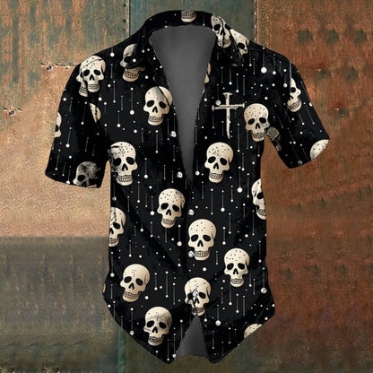 Retro Men's Shirts Small Skull Print Short Sleeve Loose Oversized Hawaiian Shirt Fashion Man Clothes Skull Black Shirts For Men