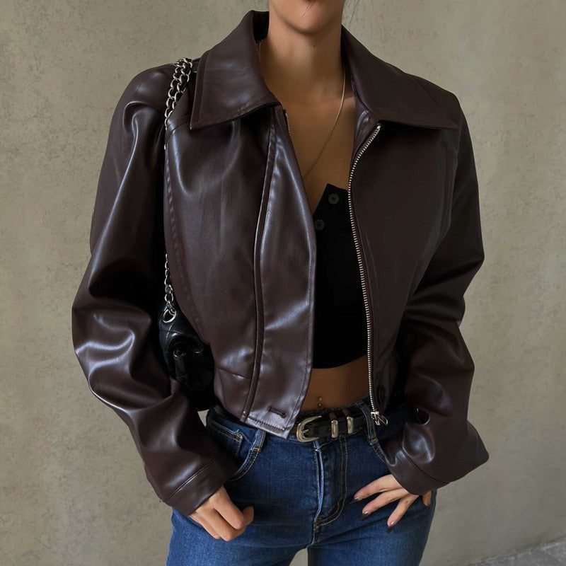 2025 Fashion Faux Leather Jacket Aesthetic Fashion Streetwear Turn-down Collar Coat Women Autumn Casual Simple Long Sleeve Coats