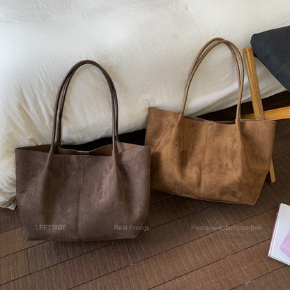 LEFTSIDE Women Faux Suede Shoulder Bag 2025 Winter Retro Soft Tote Bag Luxury Designer Trend Female High Capacity Handbags
