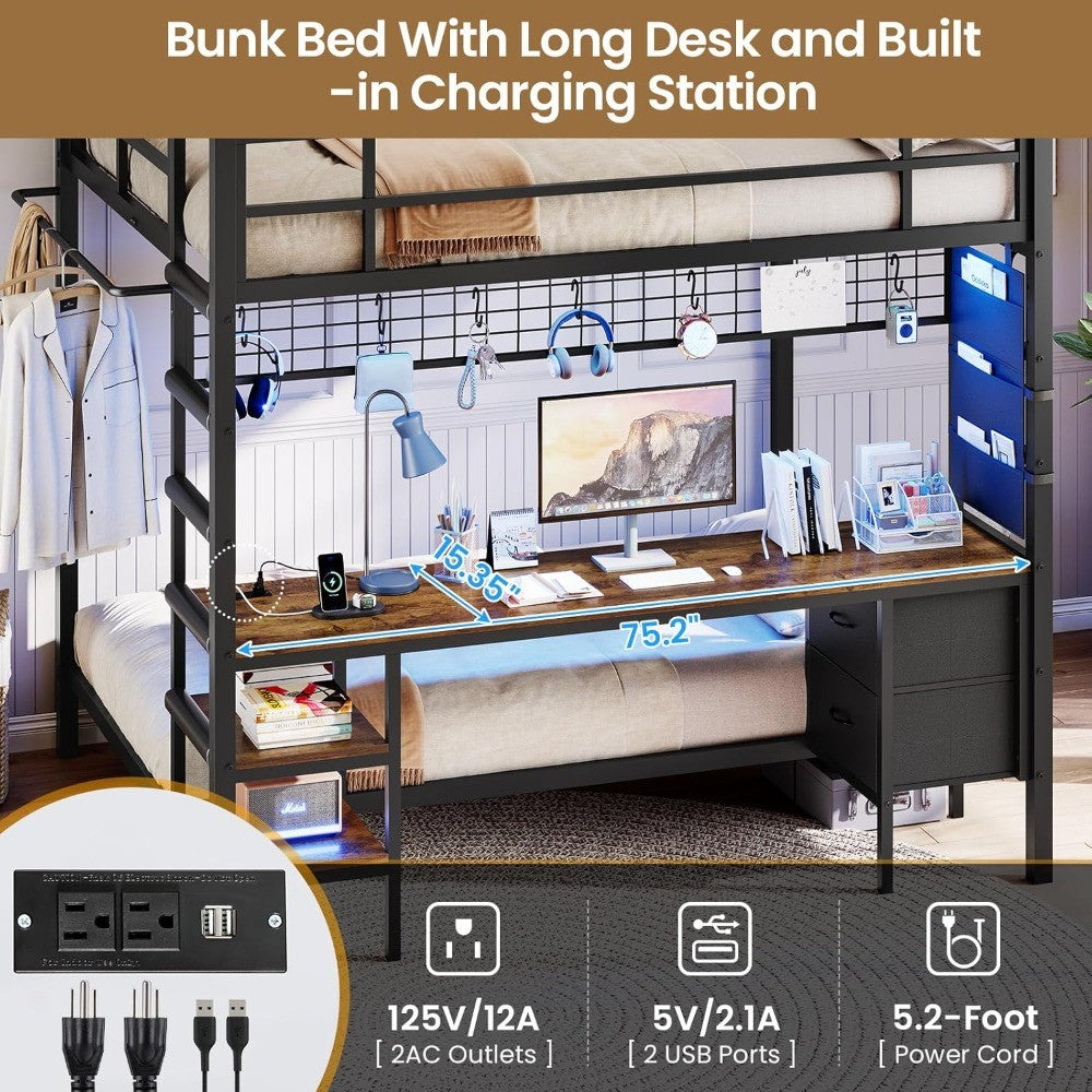 Full Size Over Twin Bunk Bed with Desk and Charging Station Metal Loft Bed with Led Lights & Storage Shelves