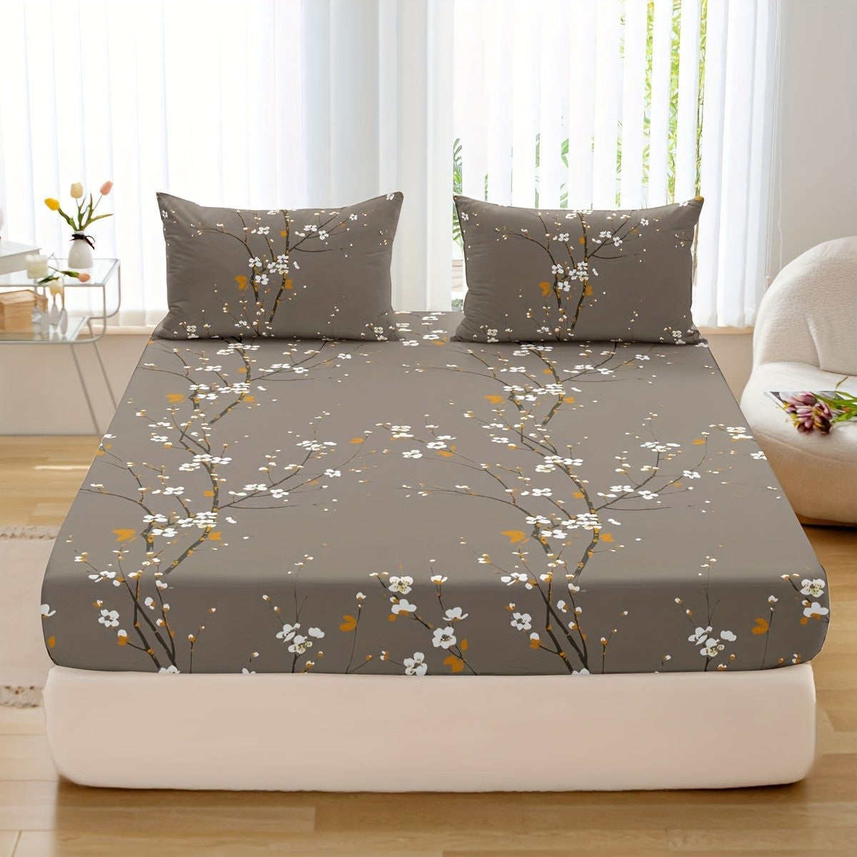 Conjunto de Lençol com Elástico Estampado 3 Peças (1 Lençol com Elástico + 2 Fronhas, Sem Enchimento)