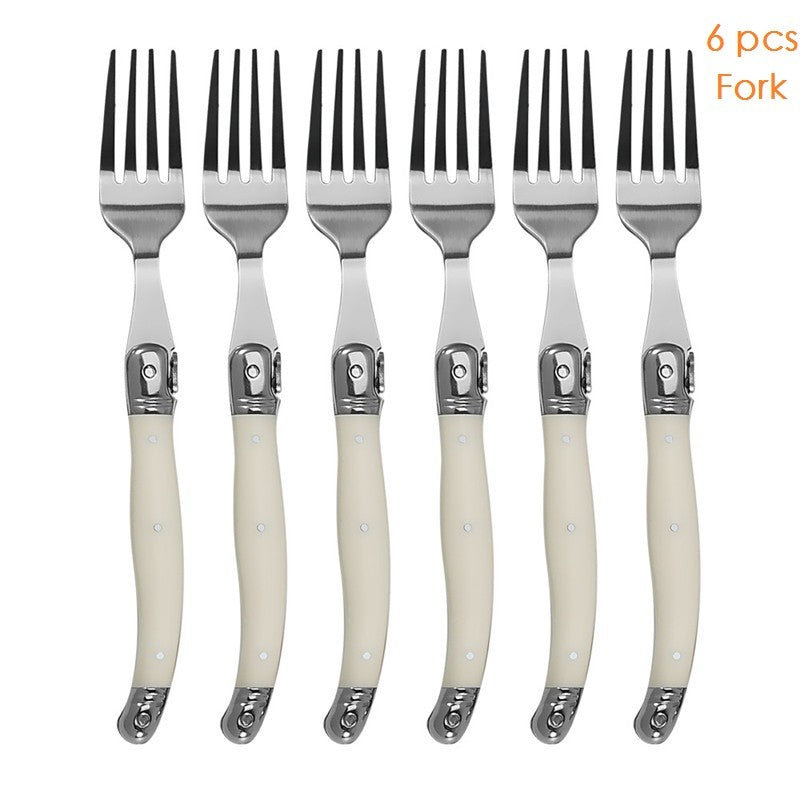 Conjunto 6 Peças Talheres Laguiole Branco Prata Facas Garfos Colheres Bife Conjunto Polimento Espelhado Coleção Inox Talheres Natal Colher de Chá