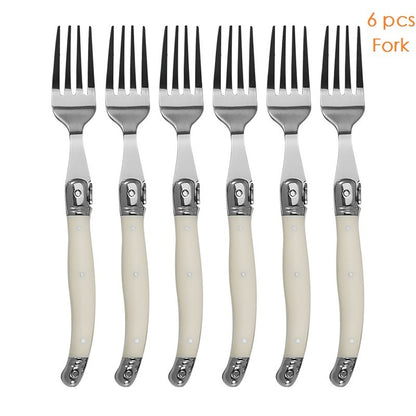 Conjunto 6 Peças Talheres Laguiole Branco Prata Facas Garfos Colheres Bife Conjunto Polimento Espelhado Coleção Inox Talheres Natal Colher de Chá