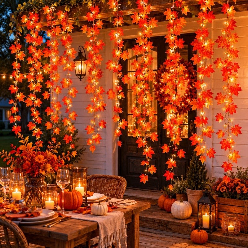 Autumn Faux Maple Leaf Vine Garland with Lights LED Thickened Maple Vine And Durable, Reusable Suitable Thanksgiving, Halloween