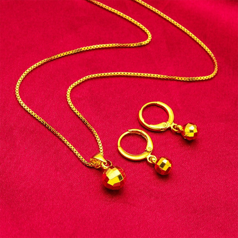 24K Gold AU999 Women's Thin Bead Earrings-Necklace Set-Polished Gold Beads in Arc, Thin Chain Flattering, Luxury Daily Versatile