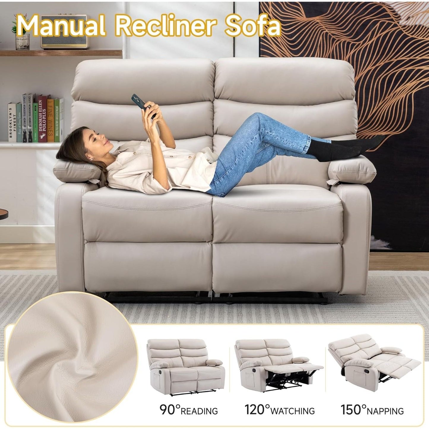 Reclining Loveseat, Leather Double Recliner Sofa with Side Pocket, Wall Hugger Loveseat Recliner for Living Room,
