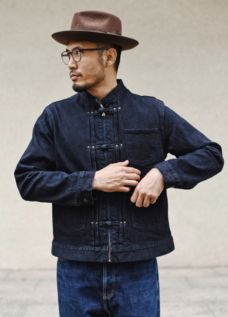 Sauce Zhan Mens Jacket Indigo Selvedge Denim Jacket Jean Jacket Men Vintage Chinese Style Knot Button Loose Fit