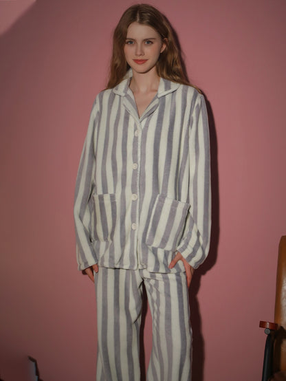 2-piece set of women's pajamas autumn and winter flannel striped long sleeved pants set thick cardigan home clothes