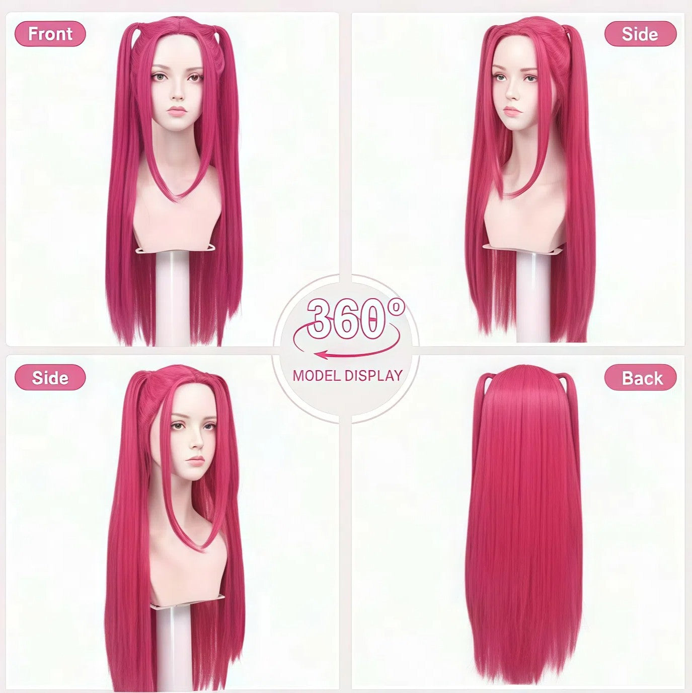 Peruca rabo de cavalo vermelha rosada com franja, cabelo longo e liso, peruca sintética rosa e vermelha estilo anime com rabo de cavalo duplo, adequada para o Halloween