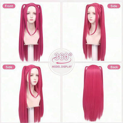 Peruca rabo de cavalo vermelha rosada com franja, cabelo longo e liso, peruca sintética rosa e vermelha estilo anime com rabo de cavalo duplo, adequada para o Halloween