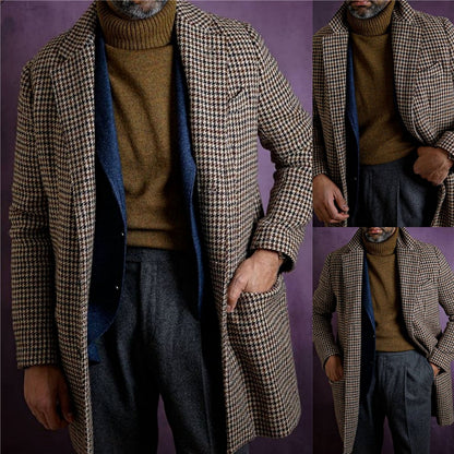 Plaid Men's Overcoat Woolen Warm England Style Double Breasted Thick Loose Mid-Length Casual Trench Winter Coat Male Jacket