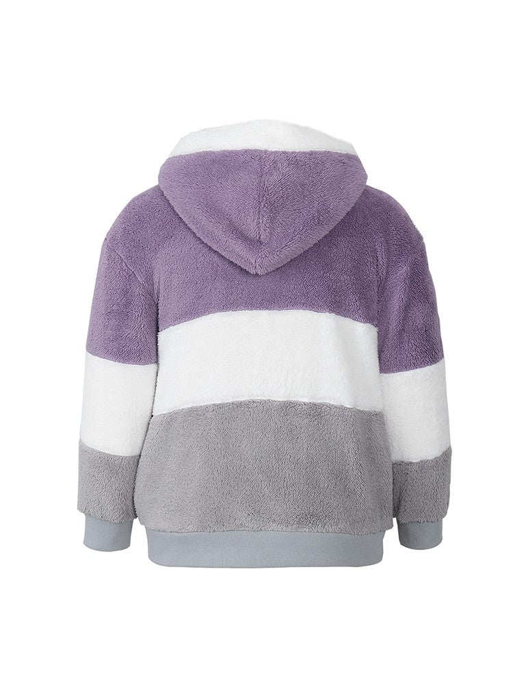 Plus Size Autumn/Winter New Arrivals Women's Autumn/Winter Drop-Shoulder Long-Sleeved Colour-Block Patchwork Fleece Hooded Jacke