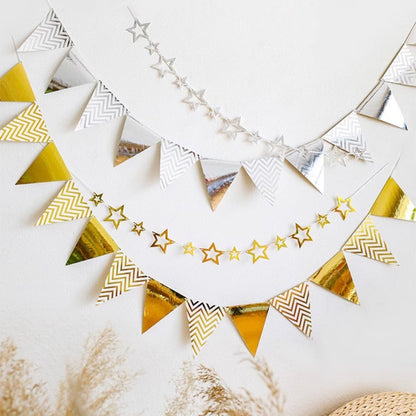 Gold Silver Paper Board Garland Banner Birthday Party Decoration Hollow Star Triangle Flag Wall Hanging Flags Photo Props Supply