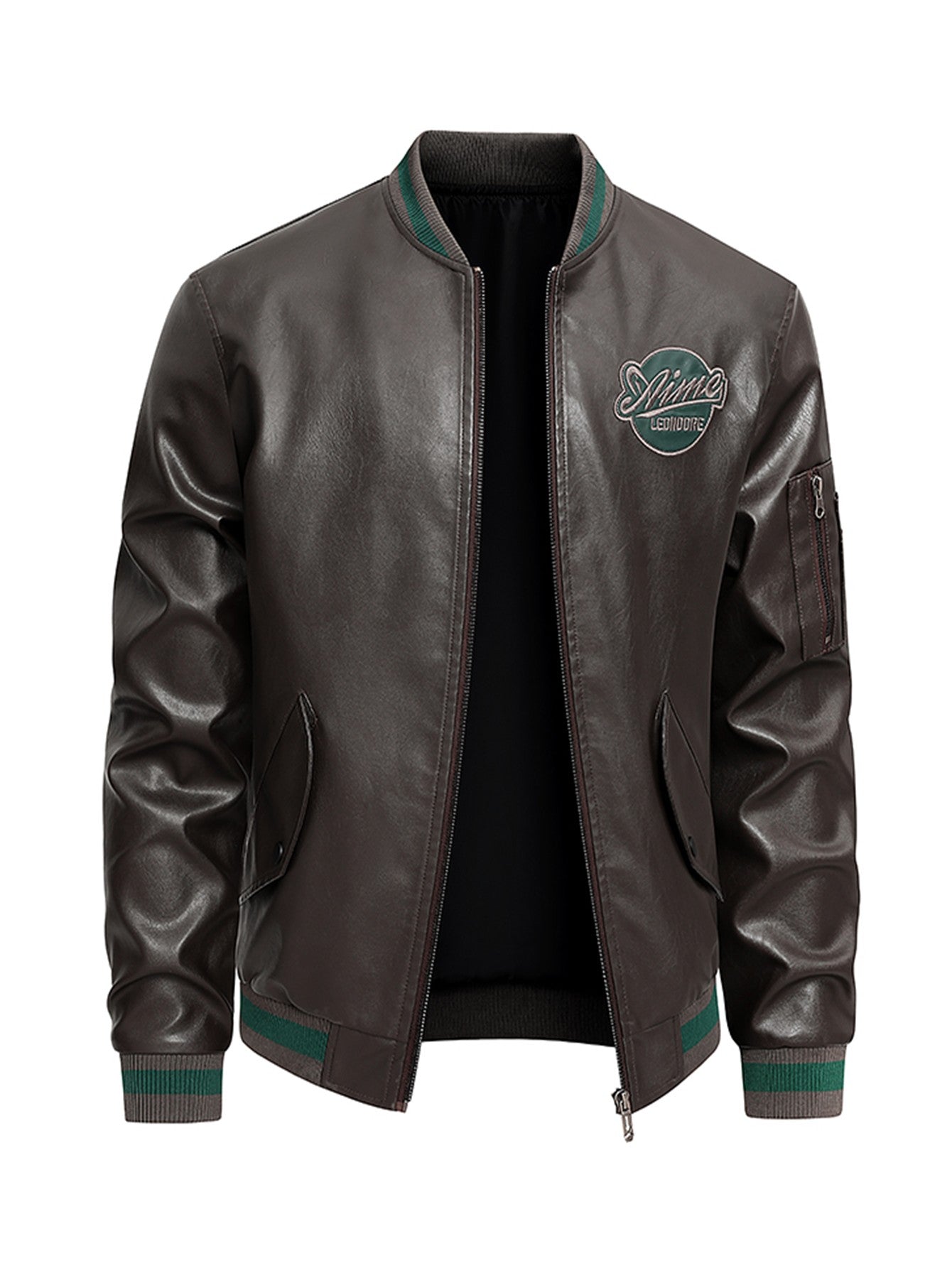 Men'S Baseball Jacket - Windproof Warm Coat with Zipper Closure, Brown & Green Accent Jacket, Non-Stretch Shell for Casual Outer