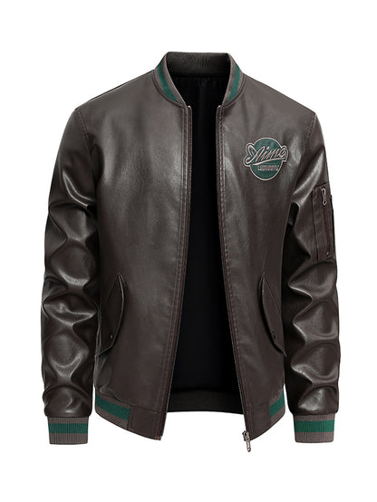 Men'S Baseball Jacket - Windproof Warm Coat with Zipper Closure, Brown & Green Accent Jacket, Non-Stretch Shell for Casual Outer