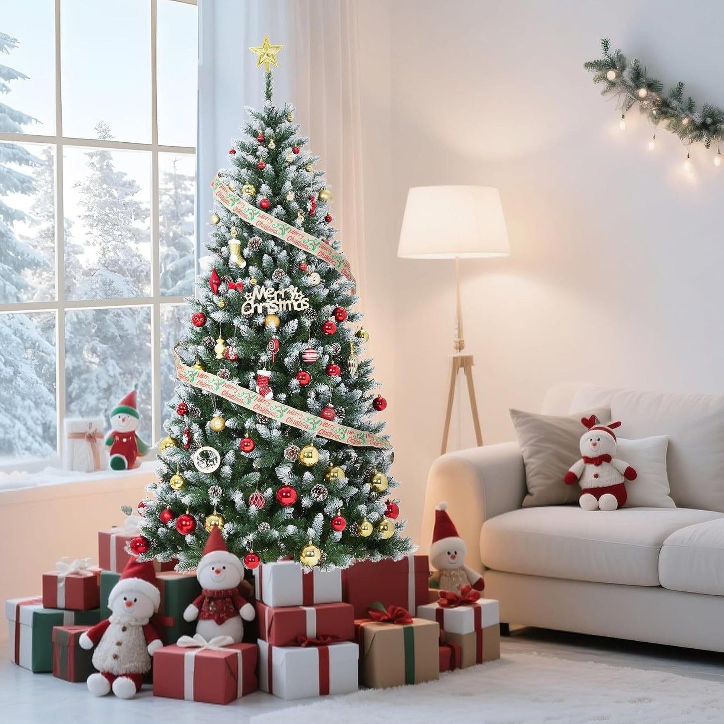 Pre-Lit Flocked Artificial Christmas Tree 6‘/9’ with Warm White LED Lights, Realistic Pine Branches, Snow Covered Xmas Tree, Slim Space Saving Design, Sturdy Metal Stand, Indoor Outdoor Holiday Decoration