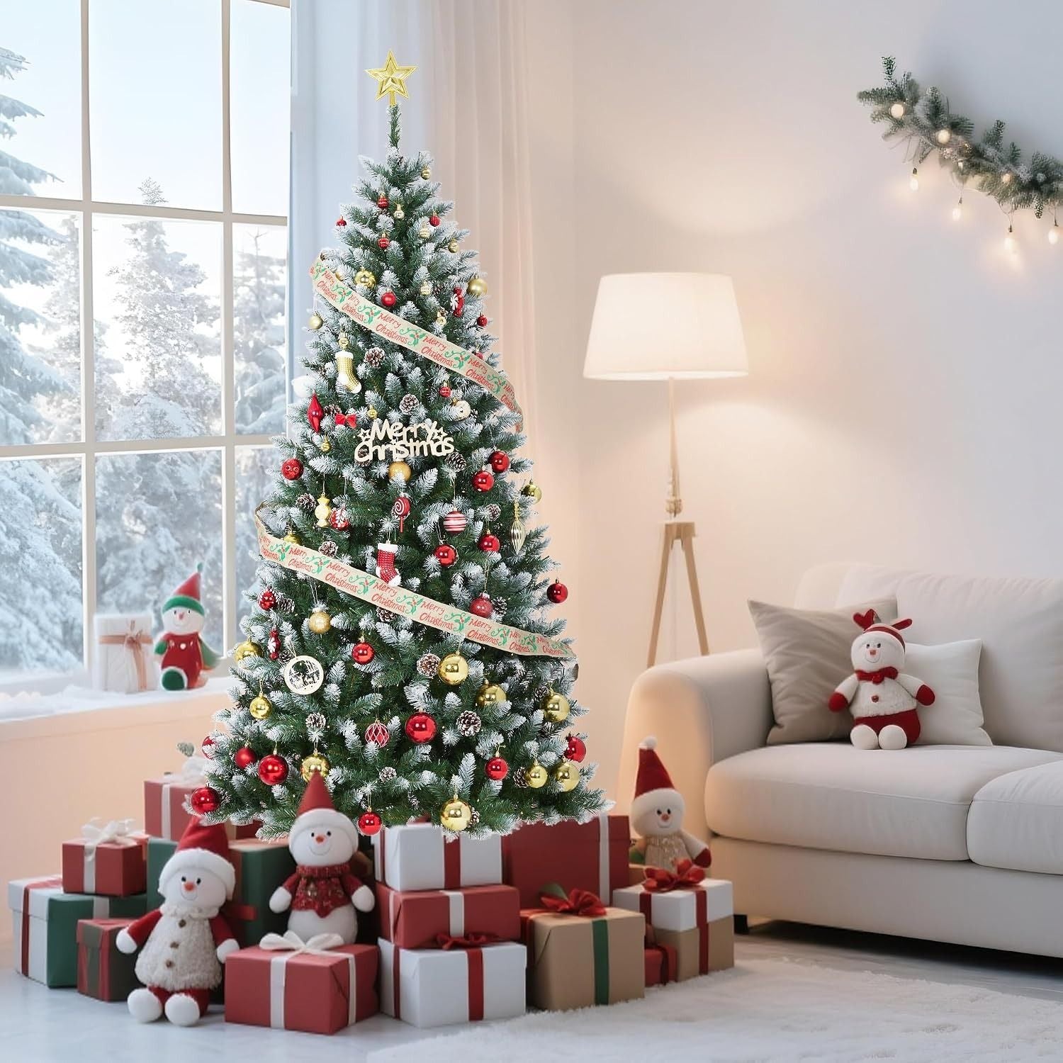 Pre-Lit Flocked Artificial Christmas Tree 6‘/9’ with Warm White LED Lights, Realistic Pine Branches, Snow Covered Xmas Tree, Slim Space Saving Design, Sturdy Metal Stand, Indoor Outdoor Holiday Decoration