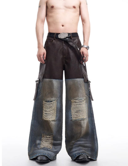 2024 American vintage do old piece-leather destruction denim jacket men fall dirty jacket