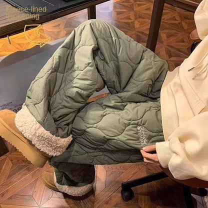 Heavy Winter Cotton Waterproof Splicing Lamb Fleece Cotton Pants for Men and Women, Solid Color Diamond Grid Embroidered Clip Co