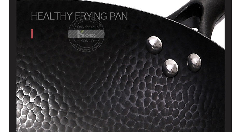 Panela Wok de Ferro Puro Konco, Panela de Ferro Fundido Antiaderente, Uso Geral para Fogão a Gás e Indução 32cm