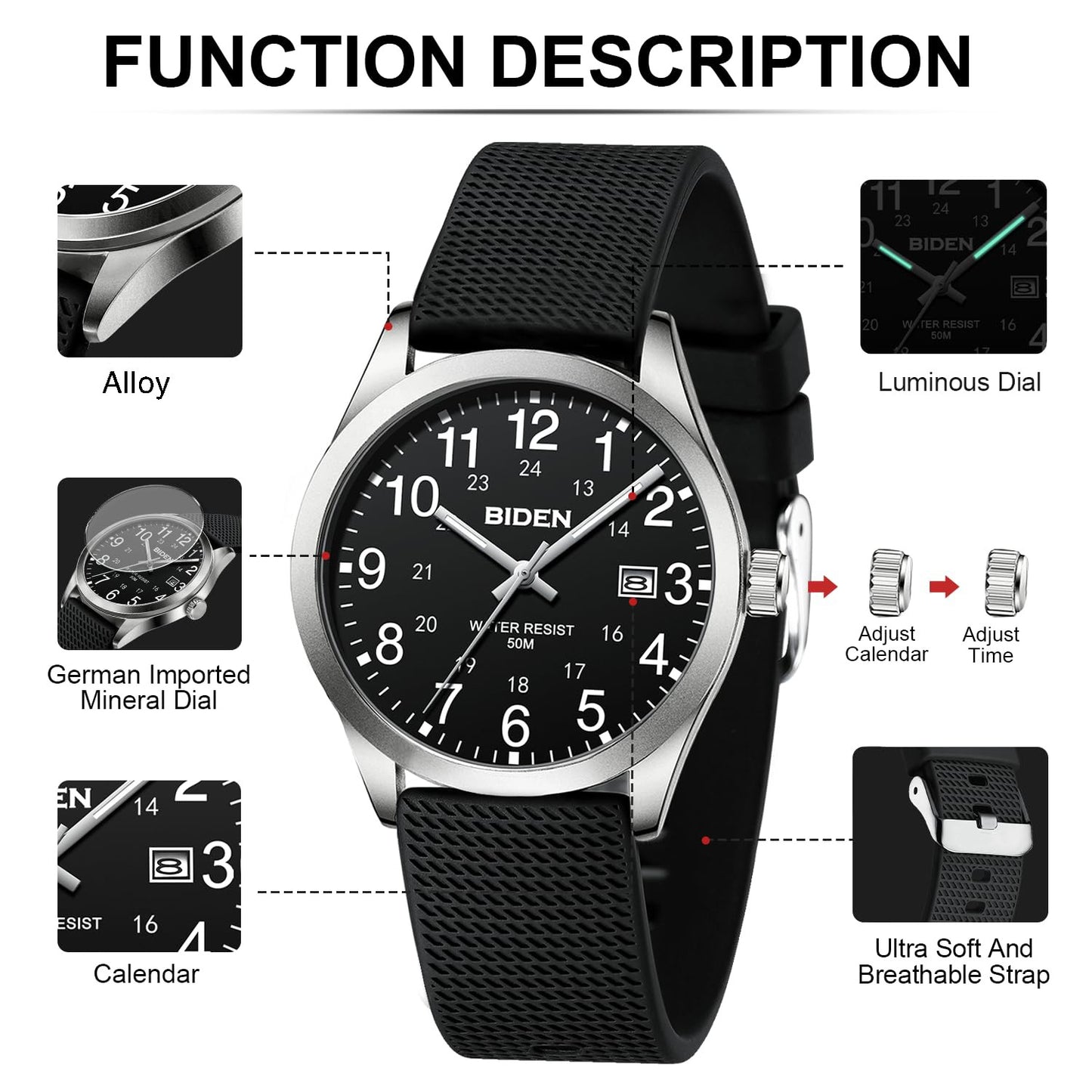 BIDEN Men's Watch Simulated Quartz Sports Men's and Women's Watch 30 Waterproof Second Hand Luminous Easy to Read Dial